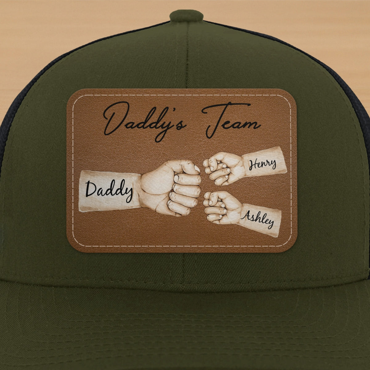 Daddy's Team Fist Bump Personalized Leather Patch Hat, Trucker Cap| Cool Father's Day Gift For Dad, Husband
