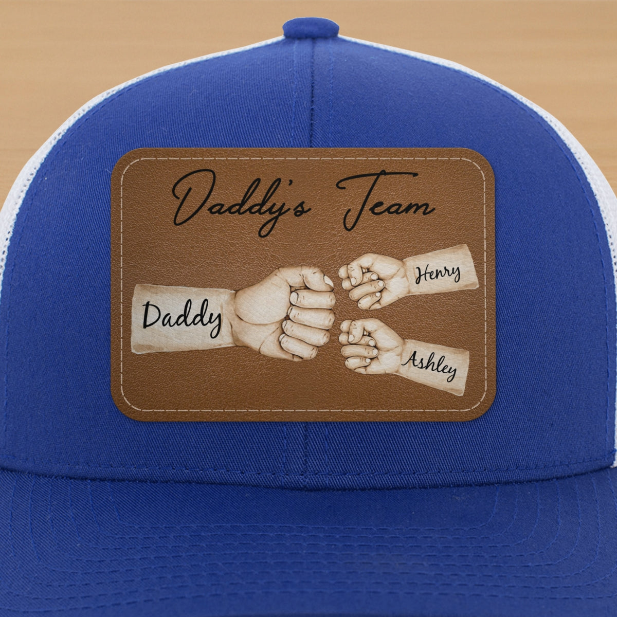 Daddy's Team Fist Bump Personalized Leather Patch Hat, Trucker Cap| Cool Father's Day Gift For Dad, Husband