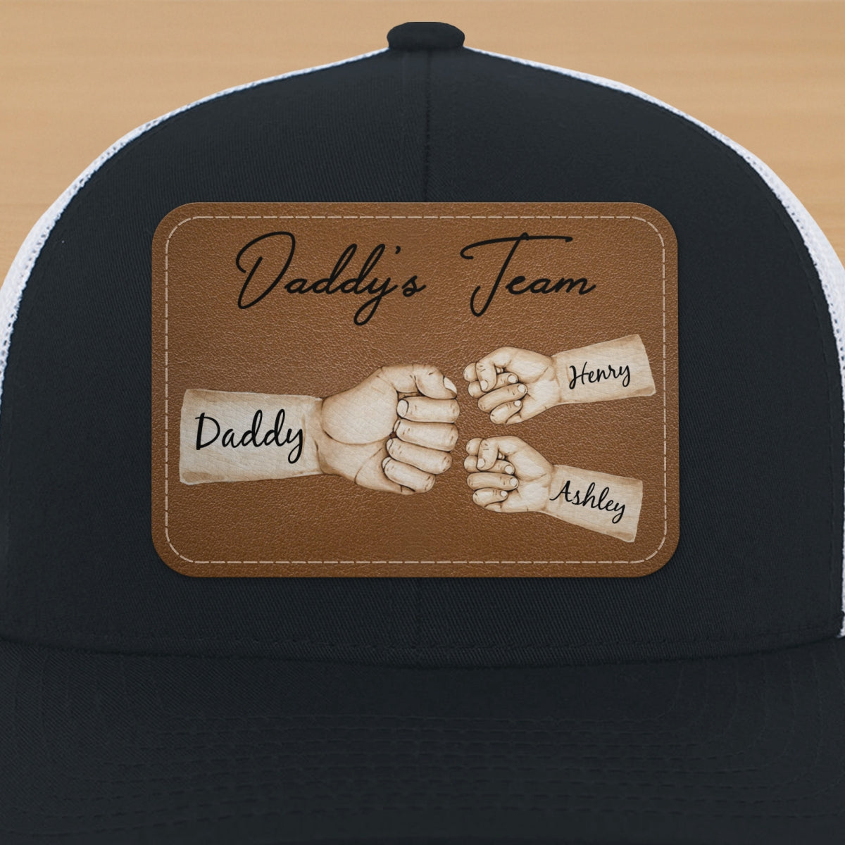 Daddy's Team Fist Bump Personalized Leather Patch Hat, Trucker Cap| Cool Father's Day Gift For Dad, Husband