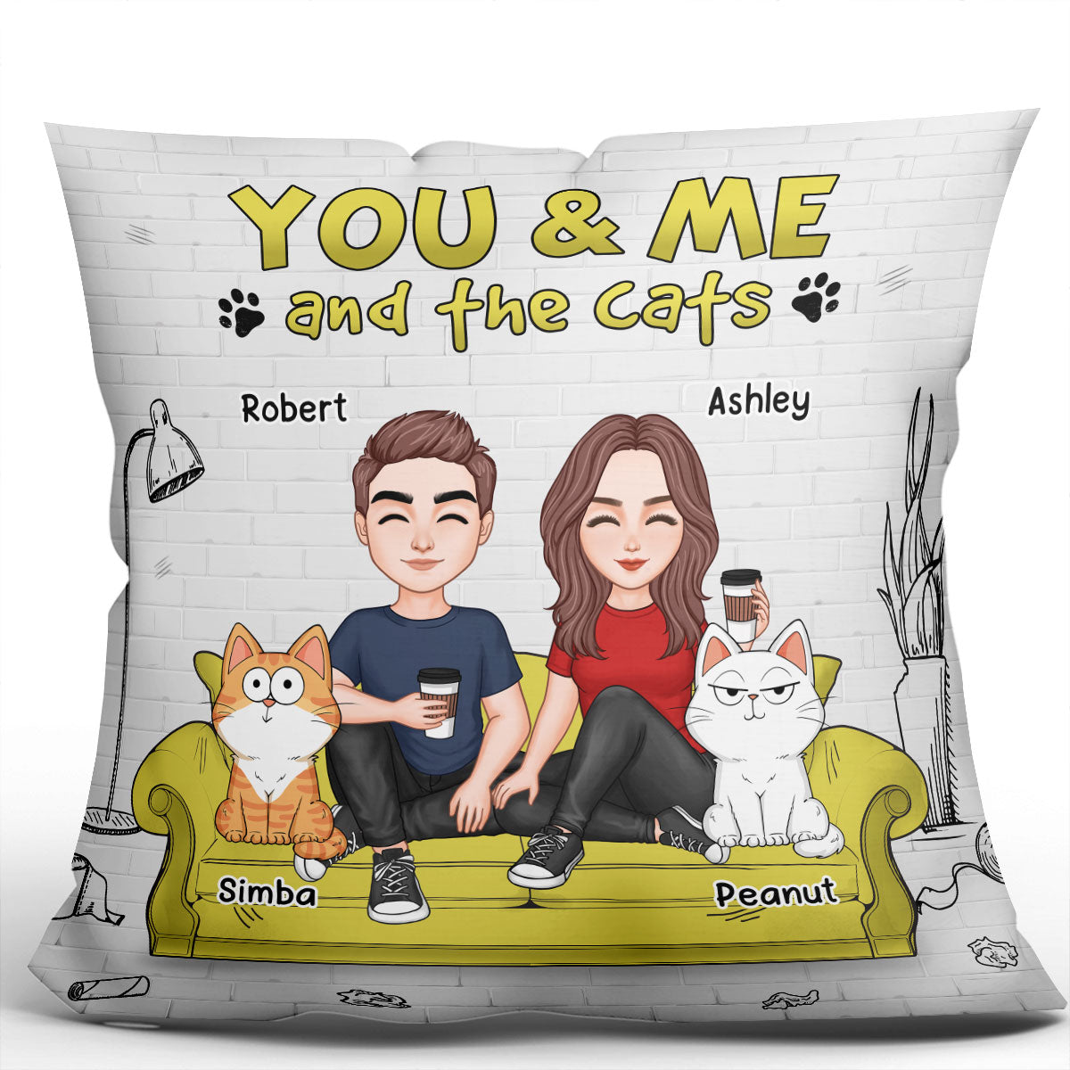 Couple And Funny Cats You Me And The Cats Personalized Pillow