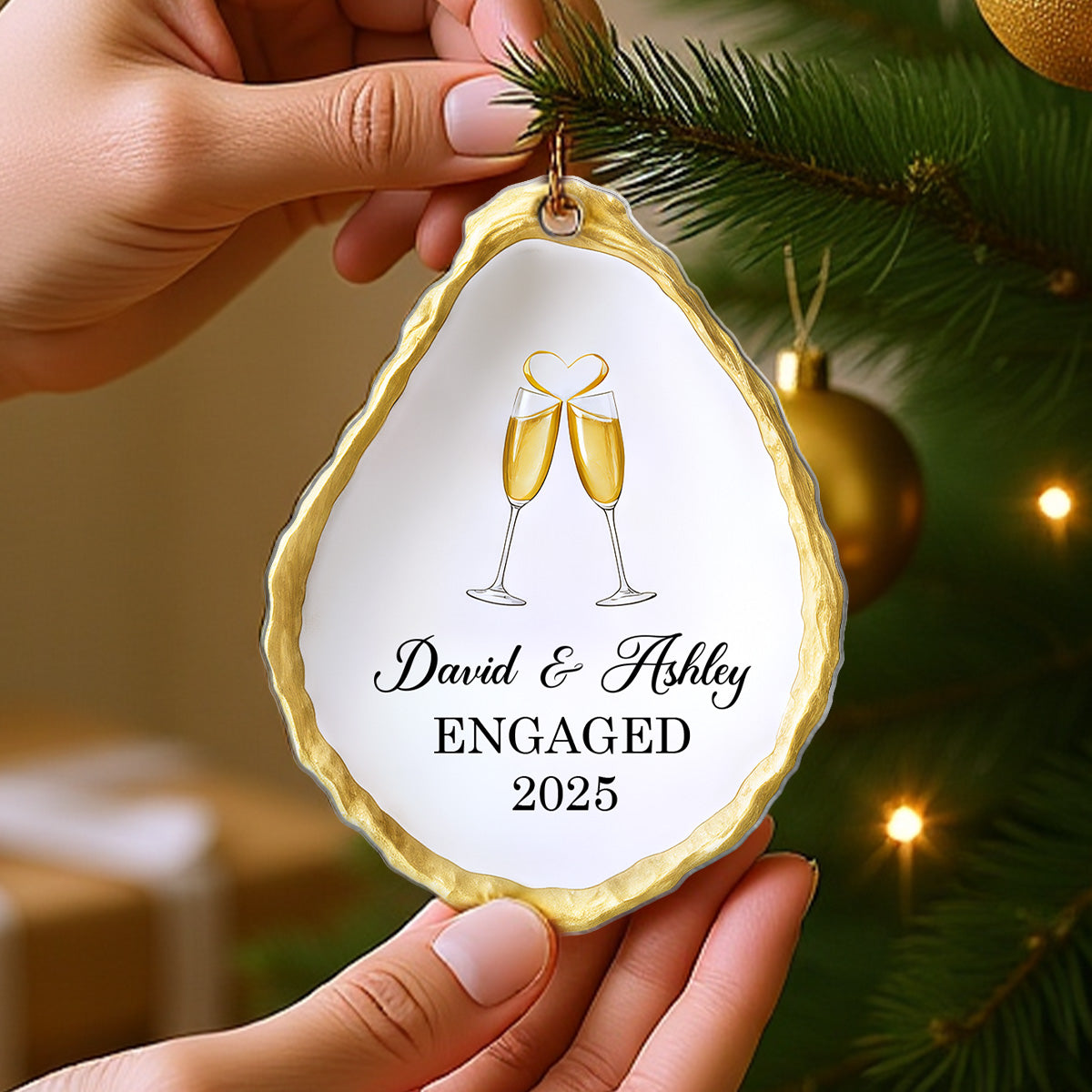 Oyster Shell Shaped Couple Engaged Personalized Flat Acrylic Ornament, Gift For Newly Engaged Couple