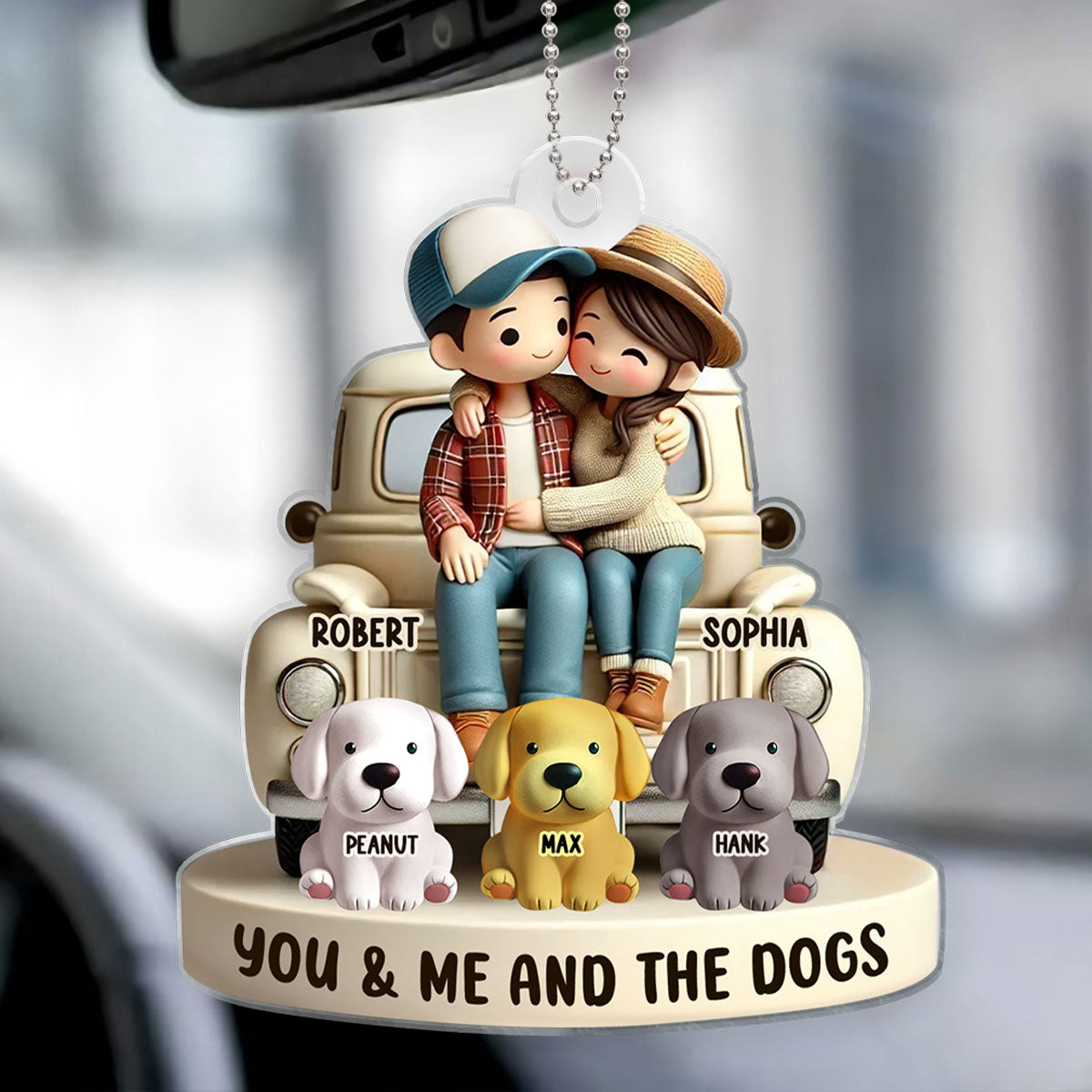 3D Effect Couple On Truck You Me And The Dog Cats Personalized Acrylic Car Hanger Ornament, Heartfelt 2025  Gift For Couple, For Dog Lovers, Cat Lovers