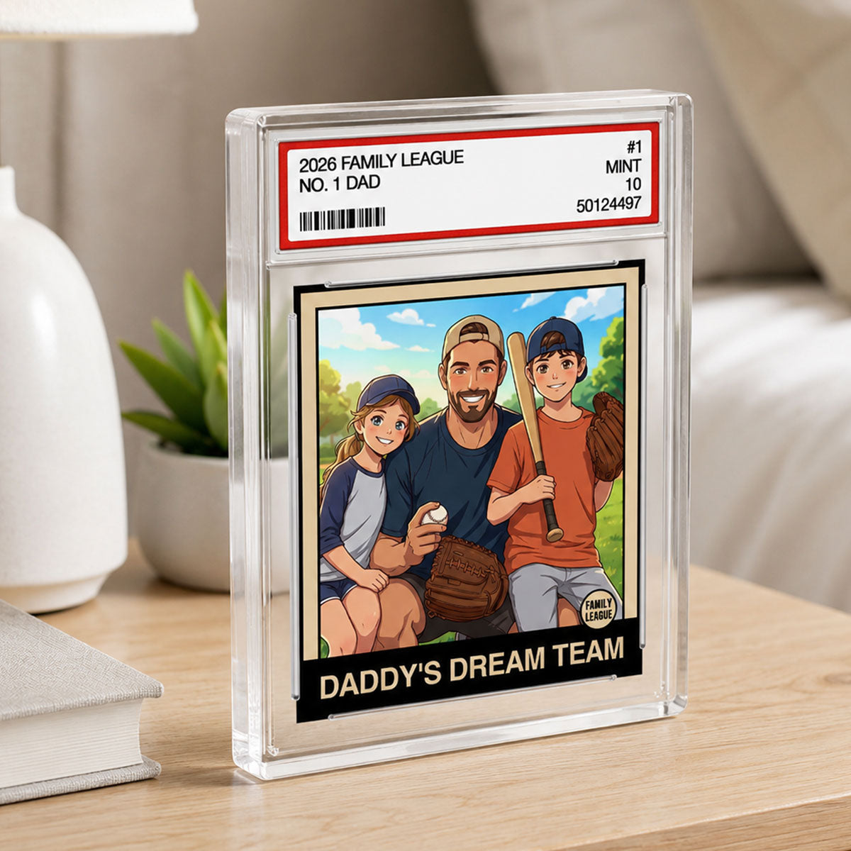 Cartoon Style Baseball Daddy's Dream Team Trading Card - Personalized Acrylic Block Plaque -  Gift For Baseball Dad, Husband