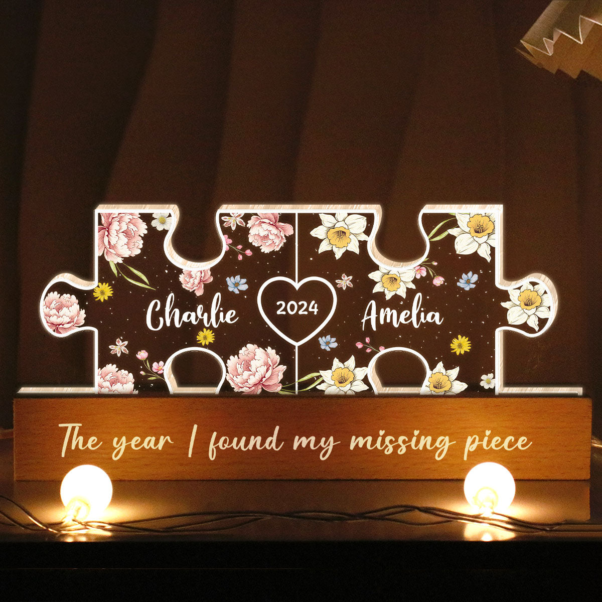 Couple Puzzle Birth Month Flower Theme Anniversary Gift Personalized Acrylic LED Night Light, Heartfelt 2025  Gift, Anniversary Gift For Her, For Girlfriend, For Wife