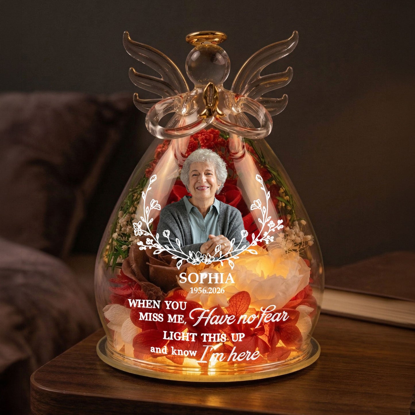 Light This Up And Know I'm Here Memorial Gift - Personalized Flower In Glass Angel Figurines
