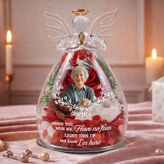 Light This Up And Know I'm Here Memorial Gift - Personalized Flower In Glass Angel Figurines