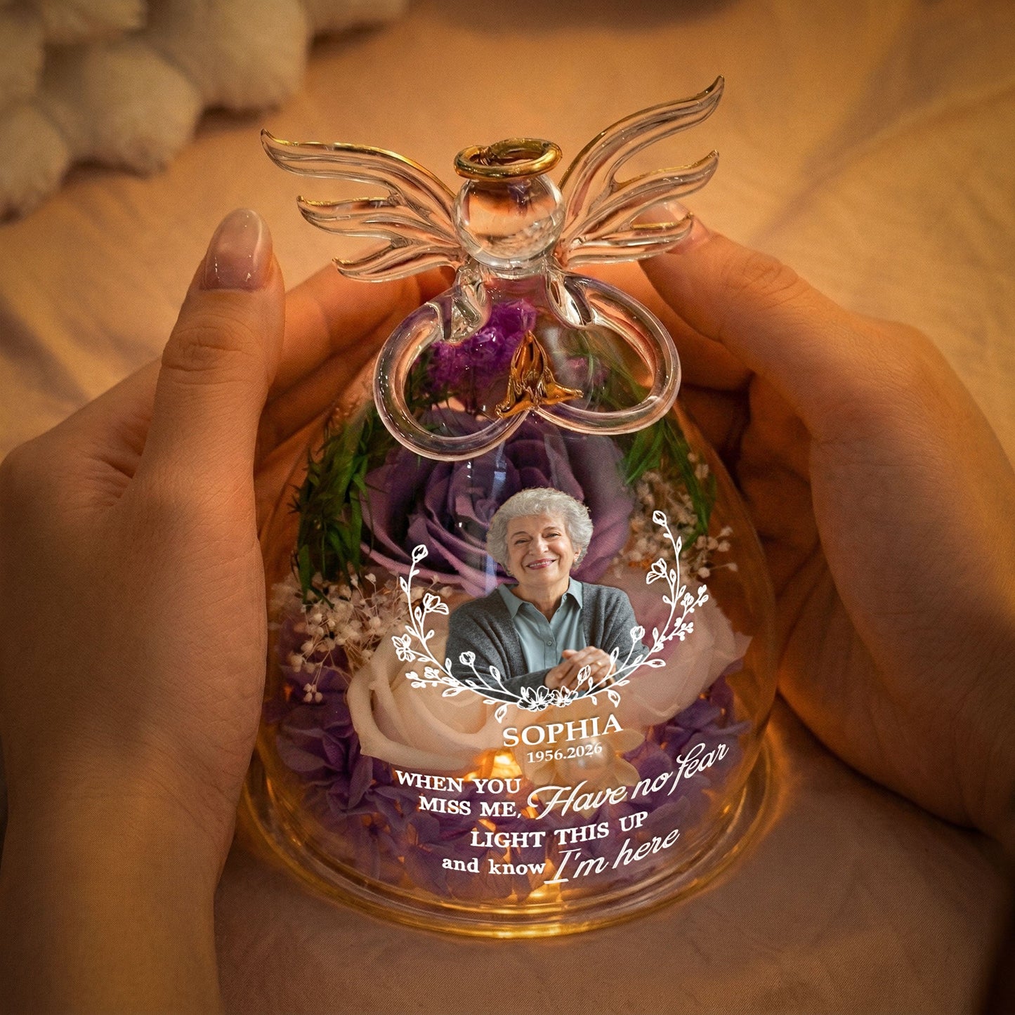 Light This Up And Know I'm Here Memorial Gift - Personalized Flower In Glass Angel Figurines