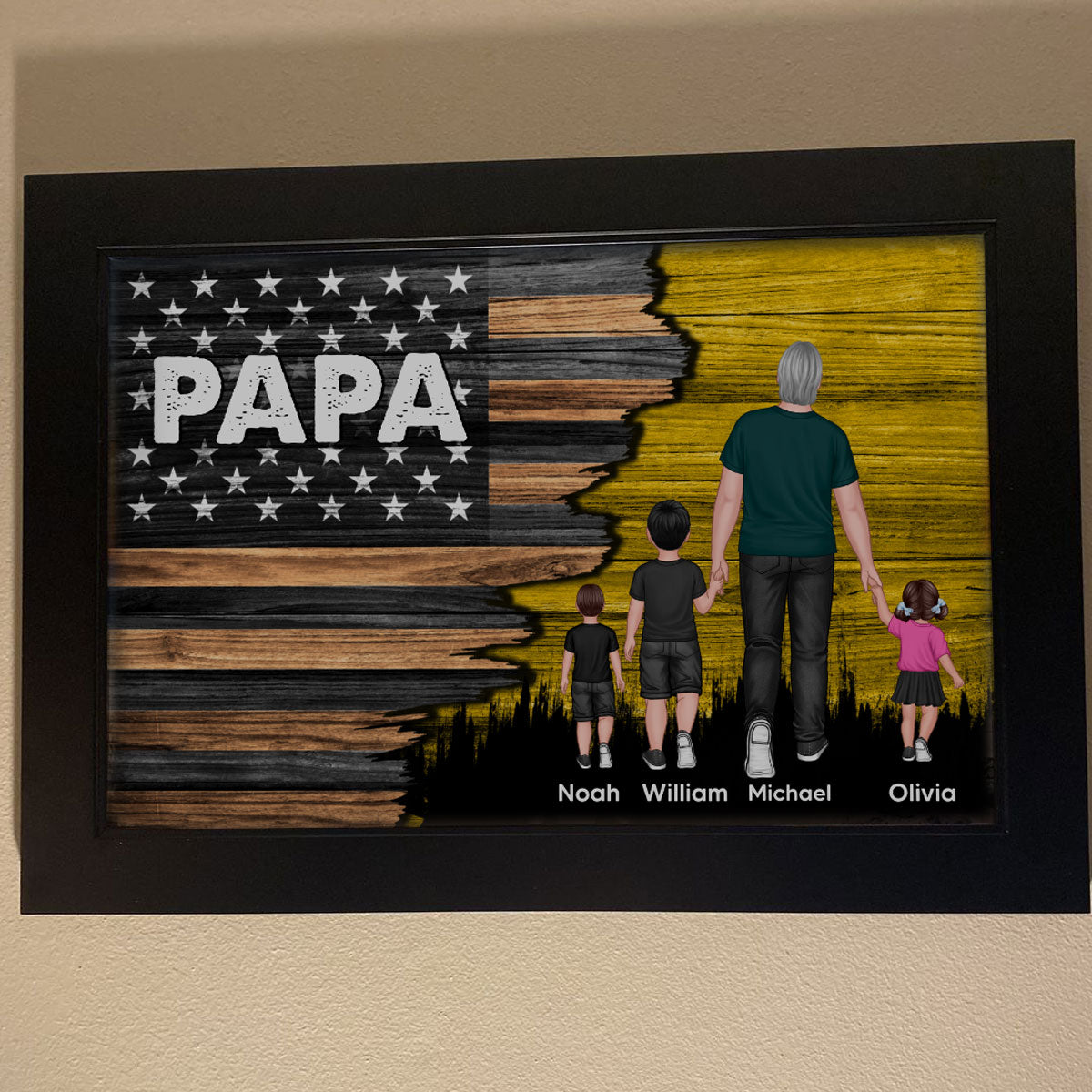Grandpa Papa Walking With Grandkids Half Nation Flag Personalized Horizontal Poster