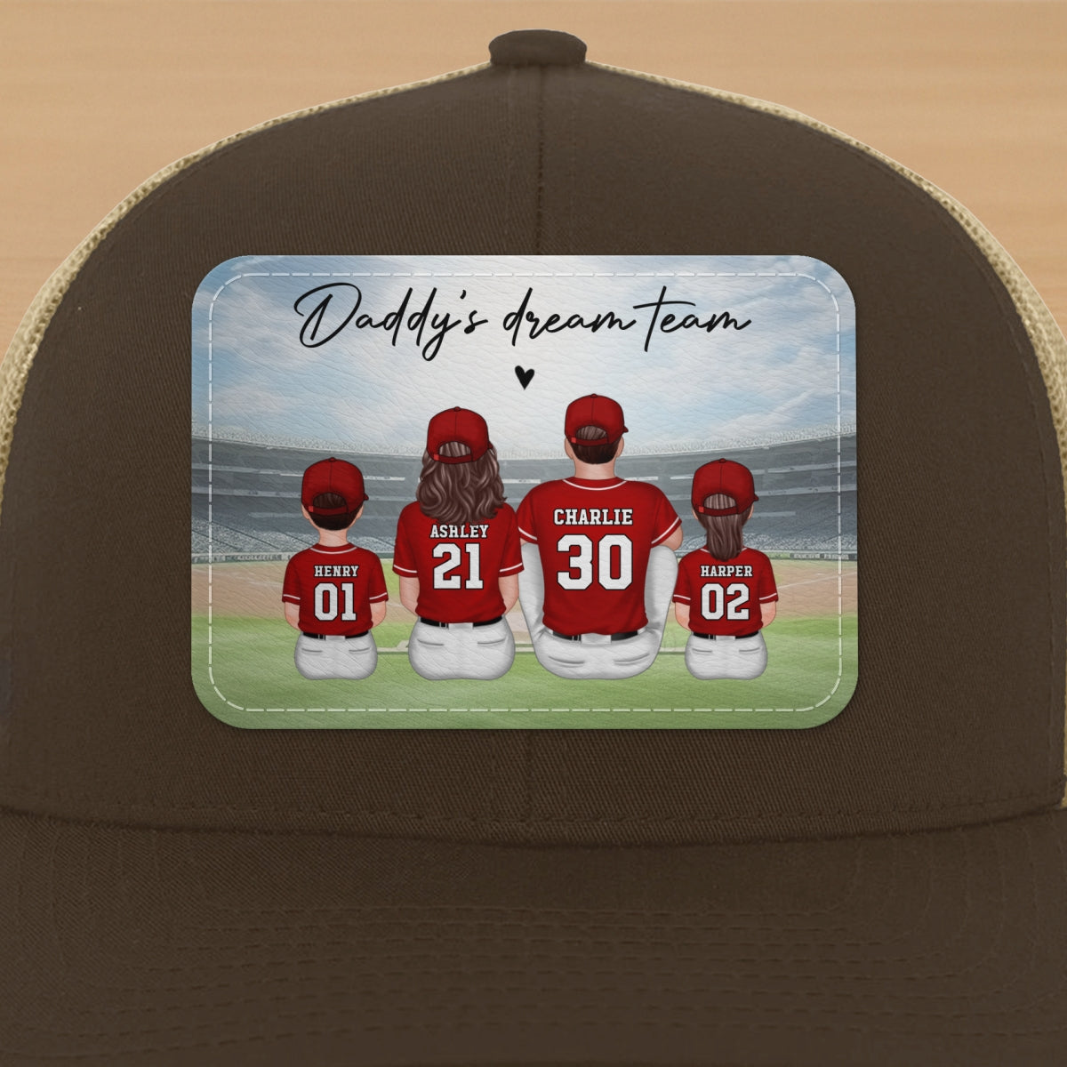 Baseball Daddy's Team Man & Kids Sitting Personalized Leather Patch Hat