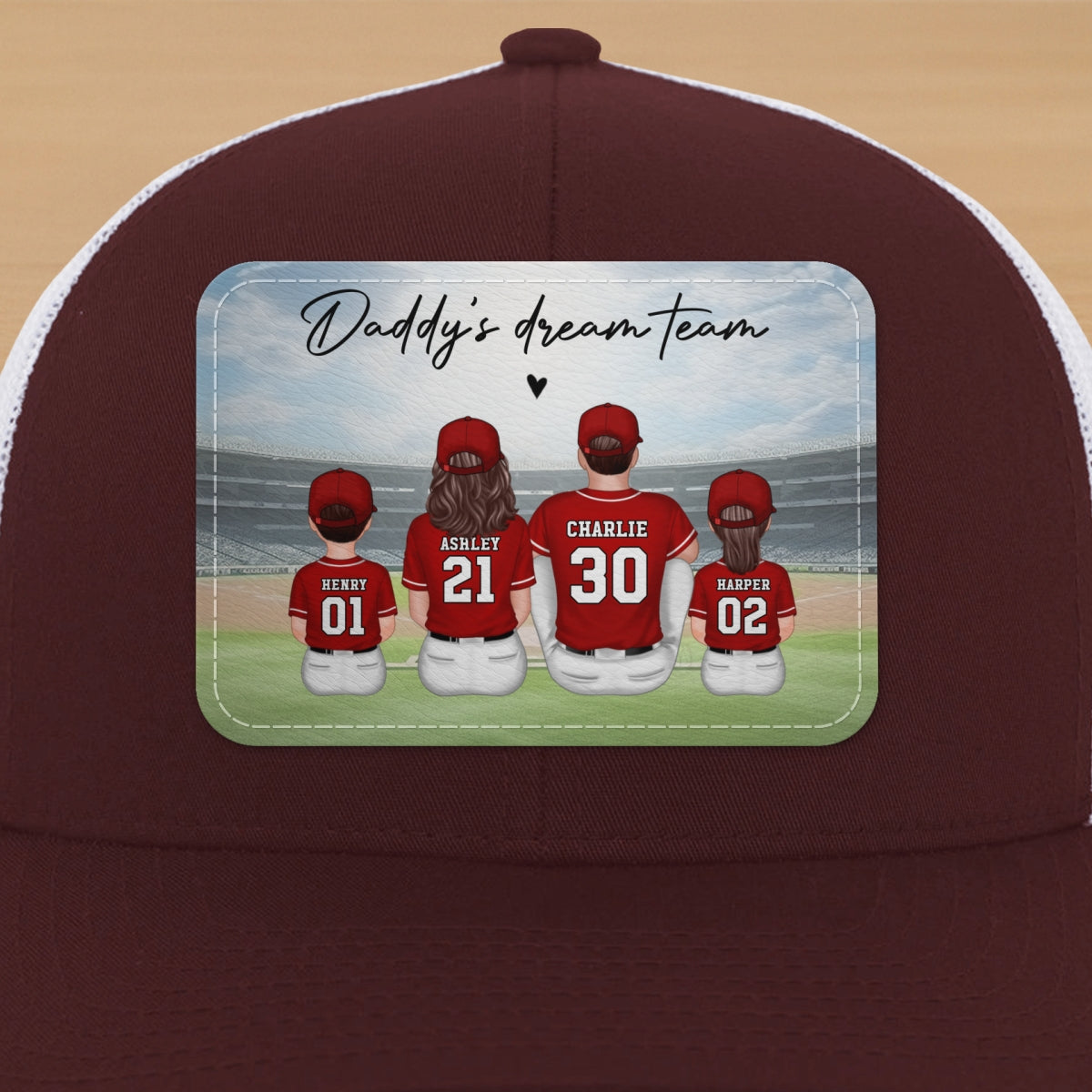 Baseball Daddy's Team Man & Kids Sitting Personalized Leather Patch Hat