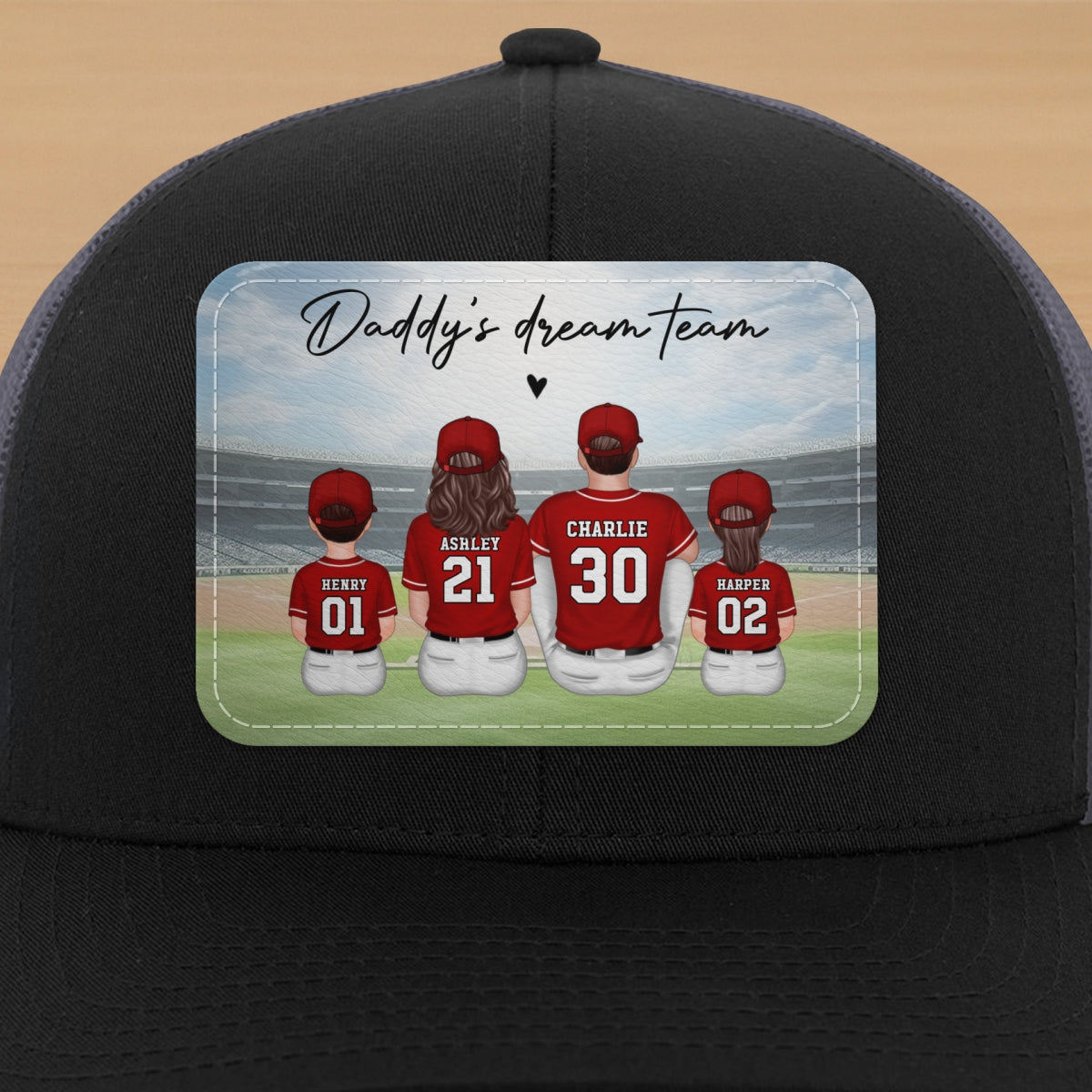 Baseball Daddy's Team Man & Kids Sitting Personalized Leather Patch Hat