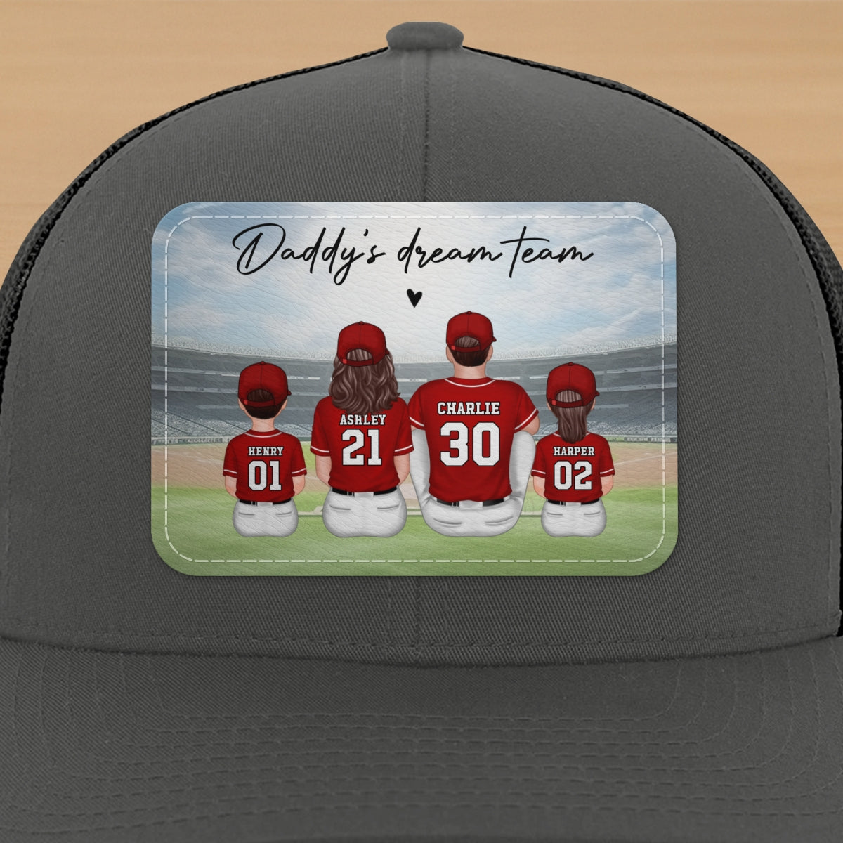 Baseball Daddy's Team Man & Kids Sitting Personalized Leather Patch Hat