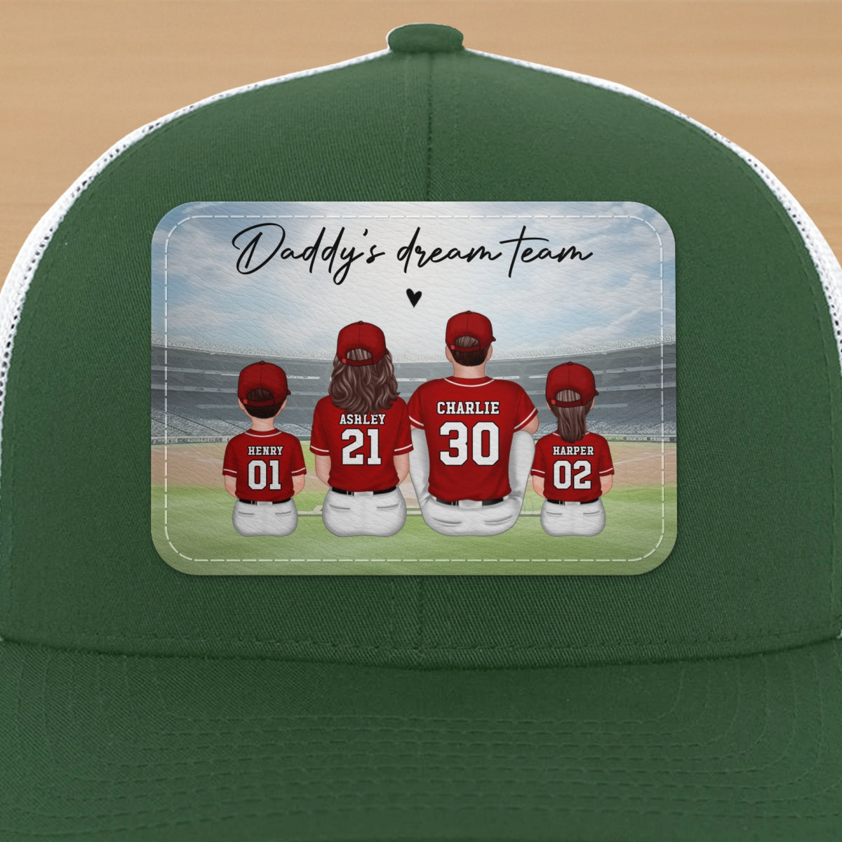 Baseball Daddy's Team Man & Kids Sitting Personalized Leather Patch Hat