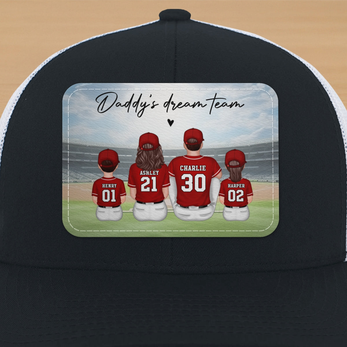 Baseball Daddy's Team Man & Kids Sitting Personalized Leather Patch Hat