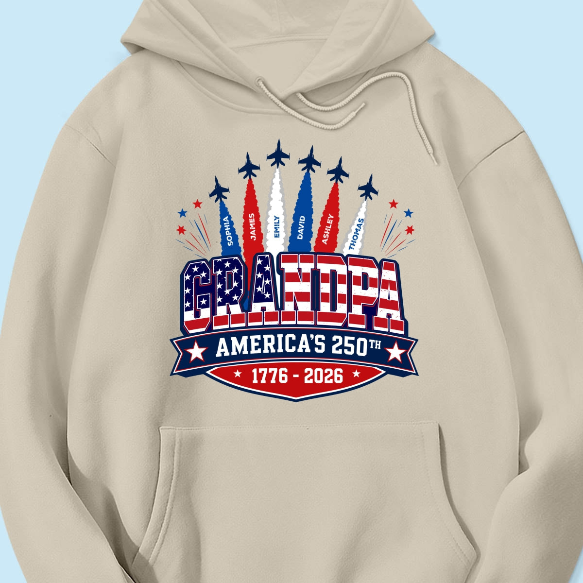 Proud Grandpa Dad Jets Smoke Custom Kid Name - Personalized Shirt - American 250th Anniversary Keepsake For Husband, Dad, Grandpa