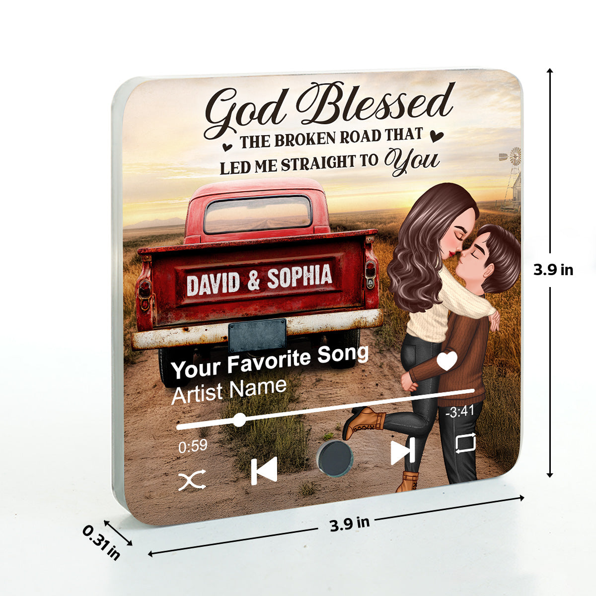 Rustic Nostalgia Red Truck Couple Hugging Kissing - Personalized Music Fridge Magnet - Heartfelt Valentine, Anniversary Gift For Him, For Her, Farmhouse Decor
