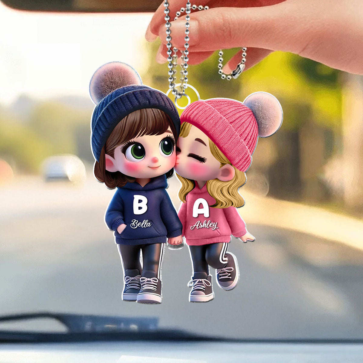 Personalized 3D Cartoon Lesbian Couple Car Ornament – Cute Acrylic Gift for Pride Month