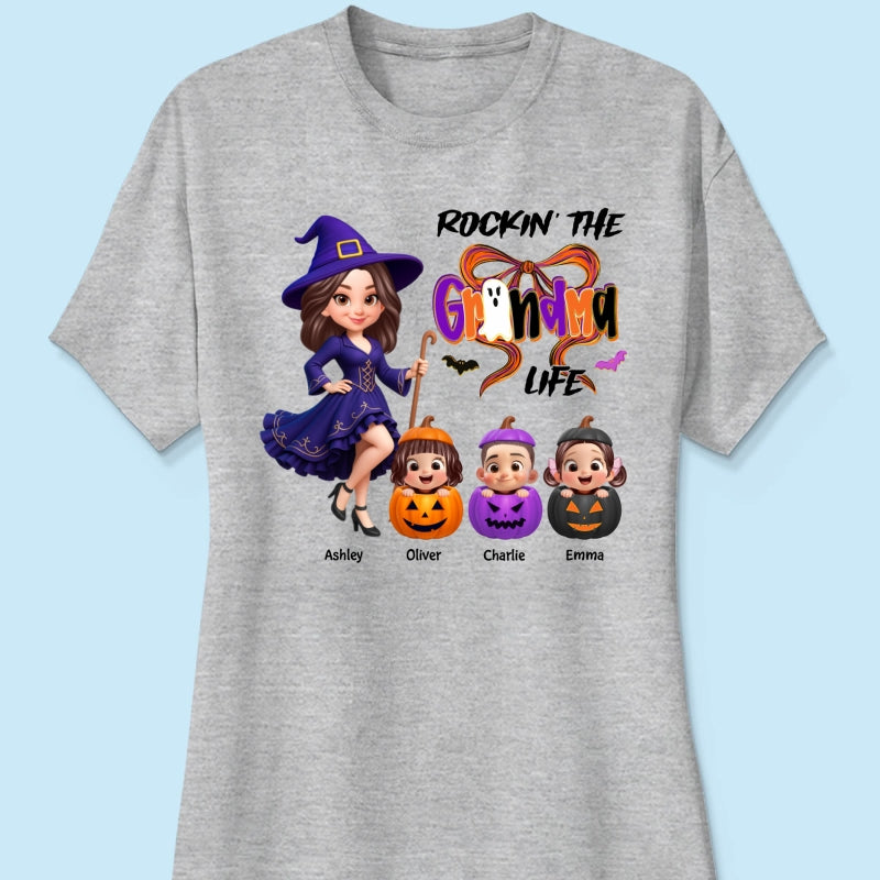 Rockin' Grandma Life Halloween Coquette Bow Grandkids Pumpkins Personalized Sweatshirt