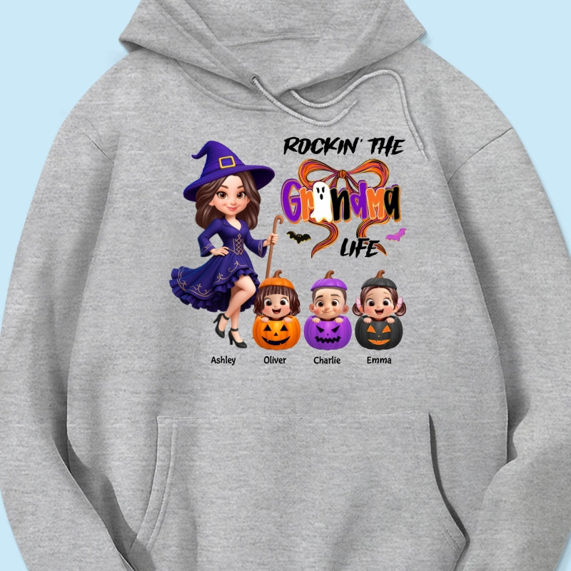 Rockin' Grandma Life Halloween Coquette Bow Grandkids Pumpkins Personalized Sweatshirt
