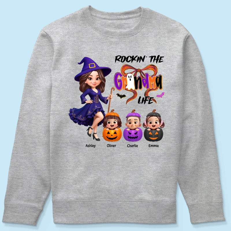 Rockin' Grandma Life Halloween Coquette Bow Grandkids Pumpkins Personalized Sweatshirt