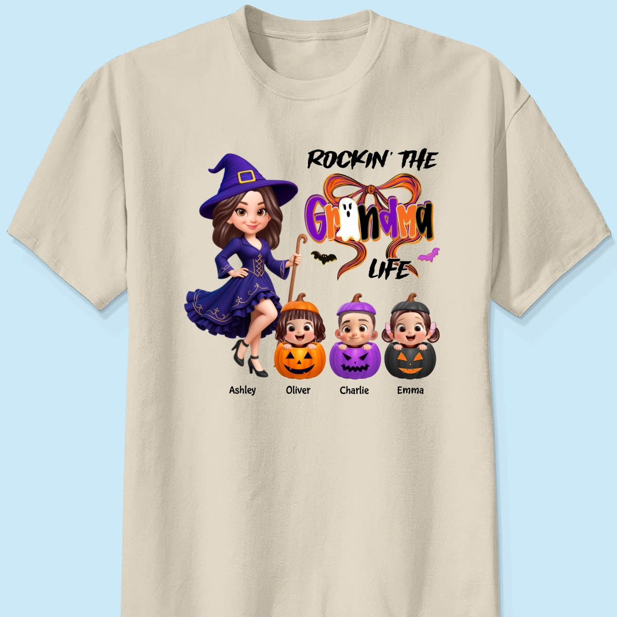 Rockin' Grandma Life Halloween Coquette Bow Grandkids Pumpkins Personalized Sweatshirt