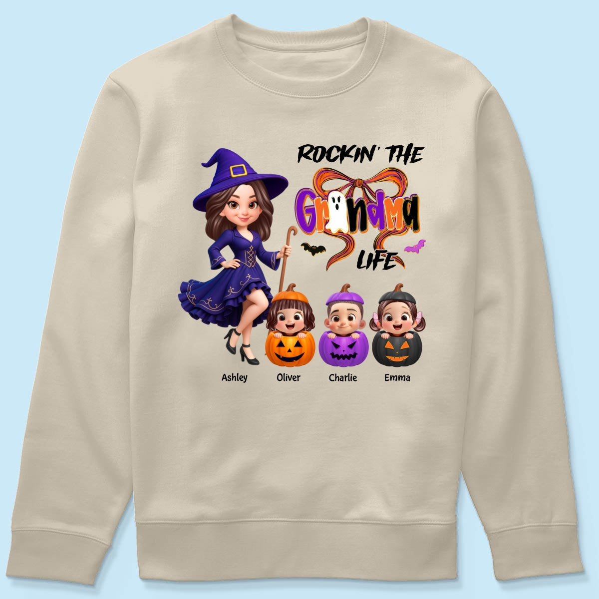 Rockin' Grandma Life Halloween Coquette Bow Grandkids Pumpkins Personalized Sweatshirt