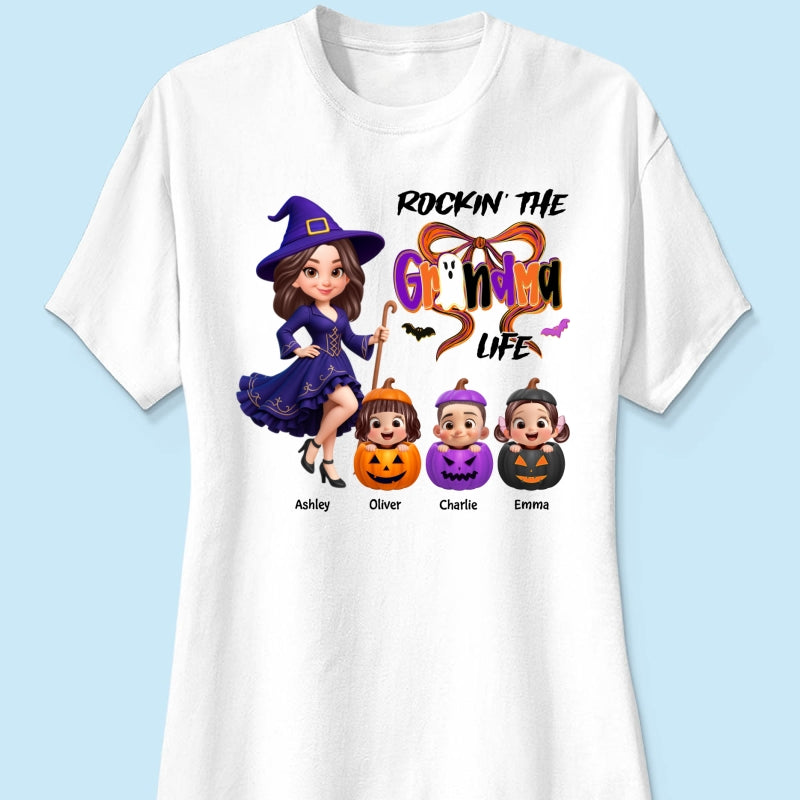 Rockin' Grandma Life Halloween Coquette Bow Grandkids Pumpkins Personalized Sweatshirt