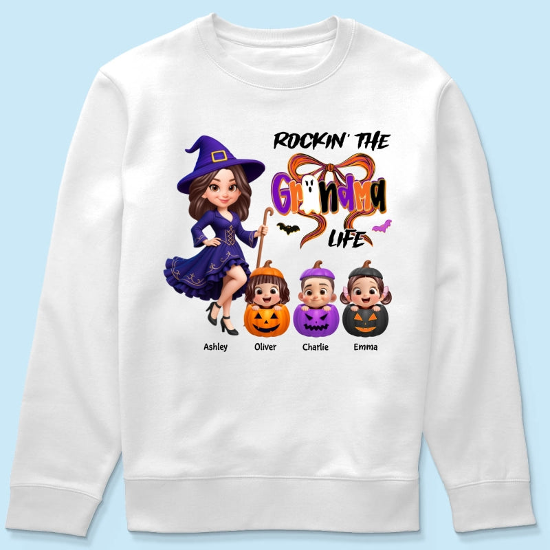 Rockin' Grandma Life Halloween Coquette Bow Grandkids Pumpkins Personalized Sweatshirt