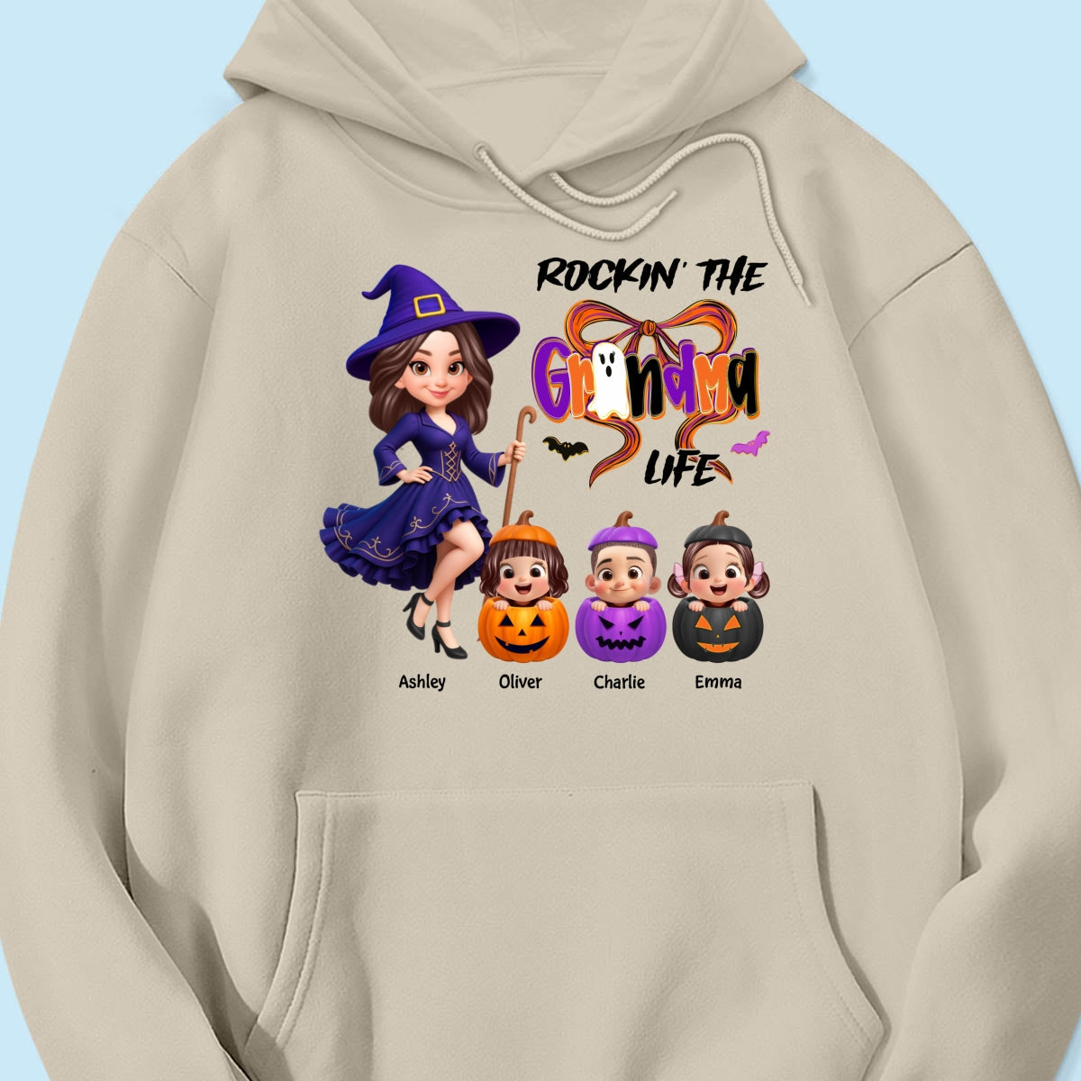 Rockin' Grandma Life Halloween Coquette Bow Grandkids Pumpkins Personalized Sweatshirt