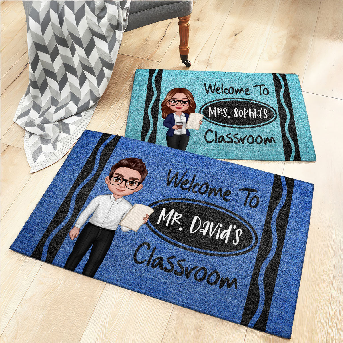 Female Male Teacher Crayon Pattern Welcome To Office Personalized Doormat| Back To School Gift, Classroom Decoration