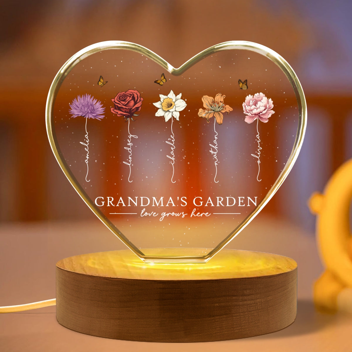 Grandma's Garden Personalized Premium Crystal Heart LED, A Timeless Treasure for Grandma, Free Shipping Included