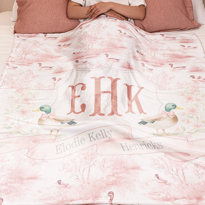 Mallard Duck Monogram Toile De Jouy Gift For Kid - Personalized Blanket