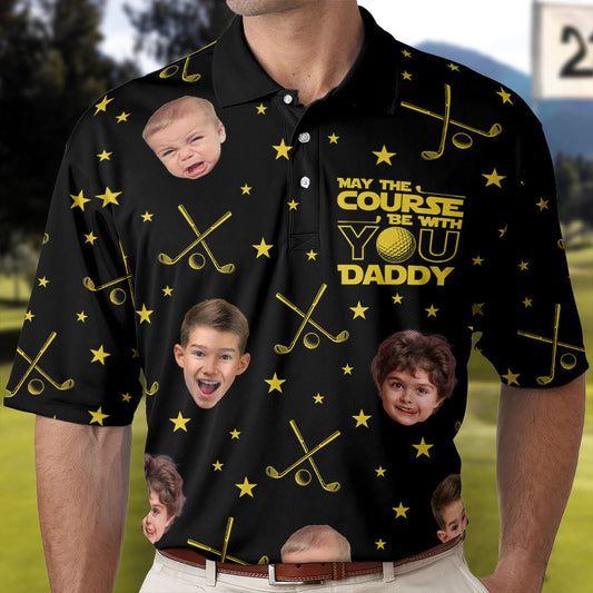 Father's Day Gifts, May The Course Be With You Daddy - Custom Faces - Personalized Photo Polo Shirt