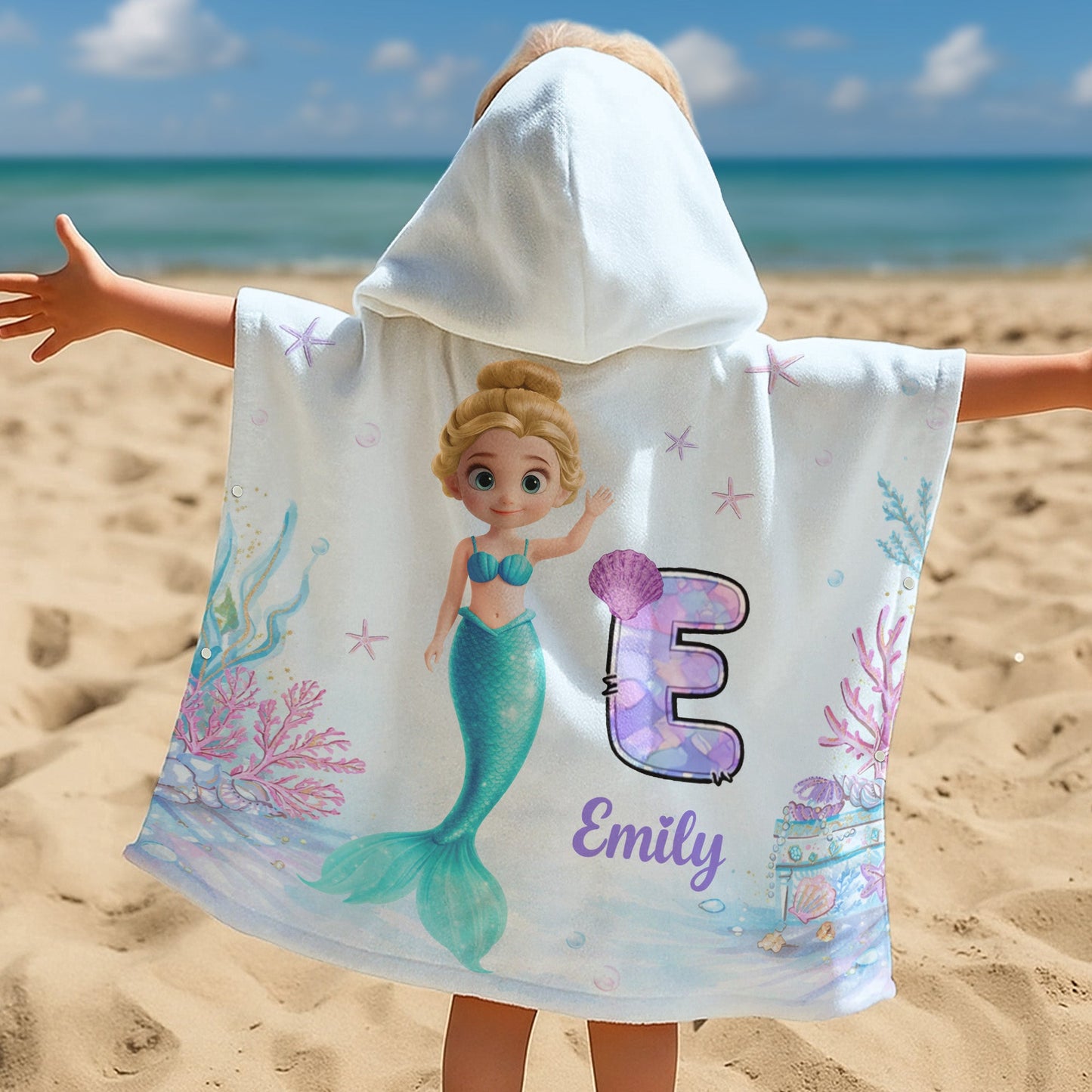 Mermaid Initial - Personalized Kids Hooded Towel