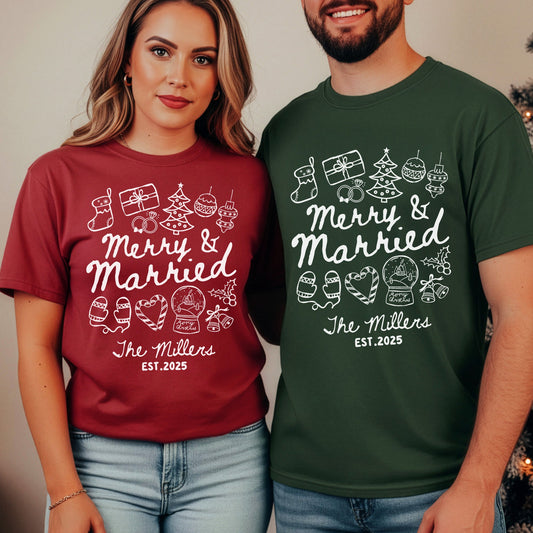Merry & Married First Christmas as Mr and Mrs Christmas Shirts - Personalized Shirts