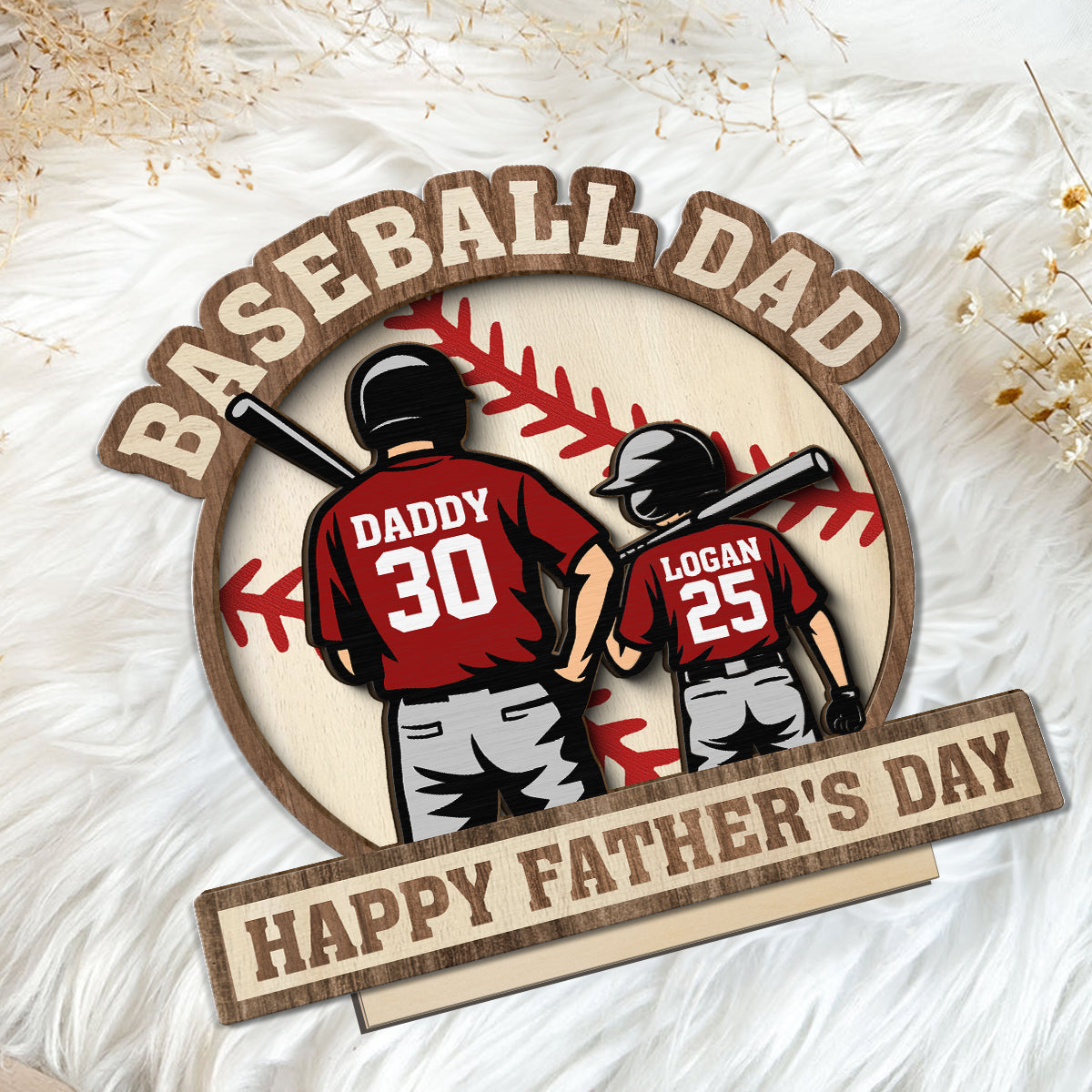 Baseball Family Back View Personalized 2-Layered Standing Wooden Plaque,  gift for Dad, for Husband