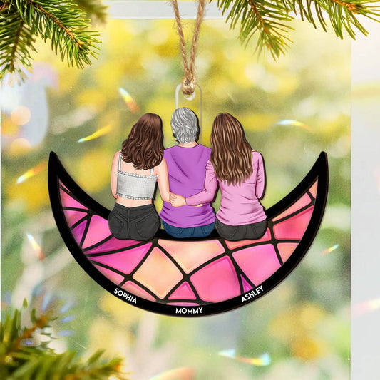Mom, Children Sitting On The Moon - Personalized Suncatcher With Card