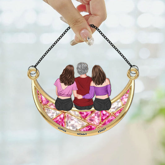 Mom, Her Children On The Moon - Personalized Window Hanging Suncatcher