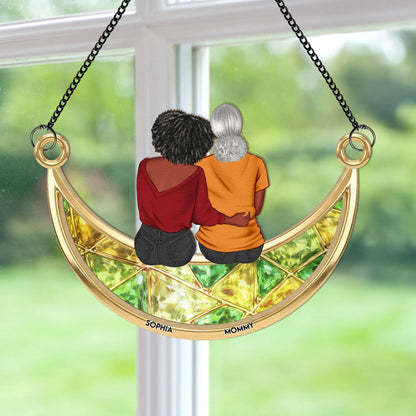 Mom, Her Children On The Moon - Personalized Window Hanging Suncatcher