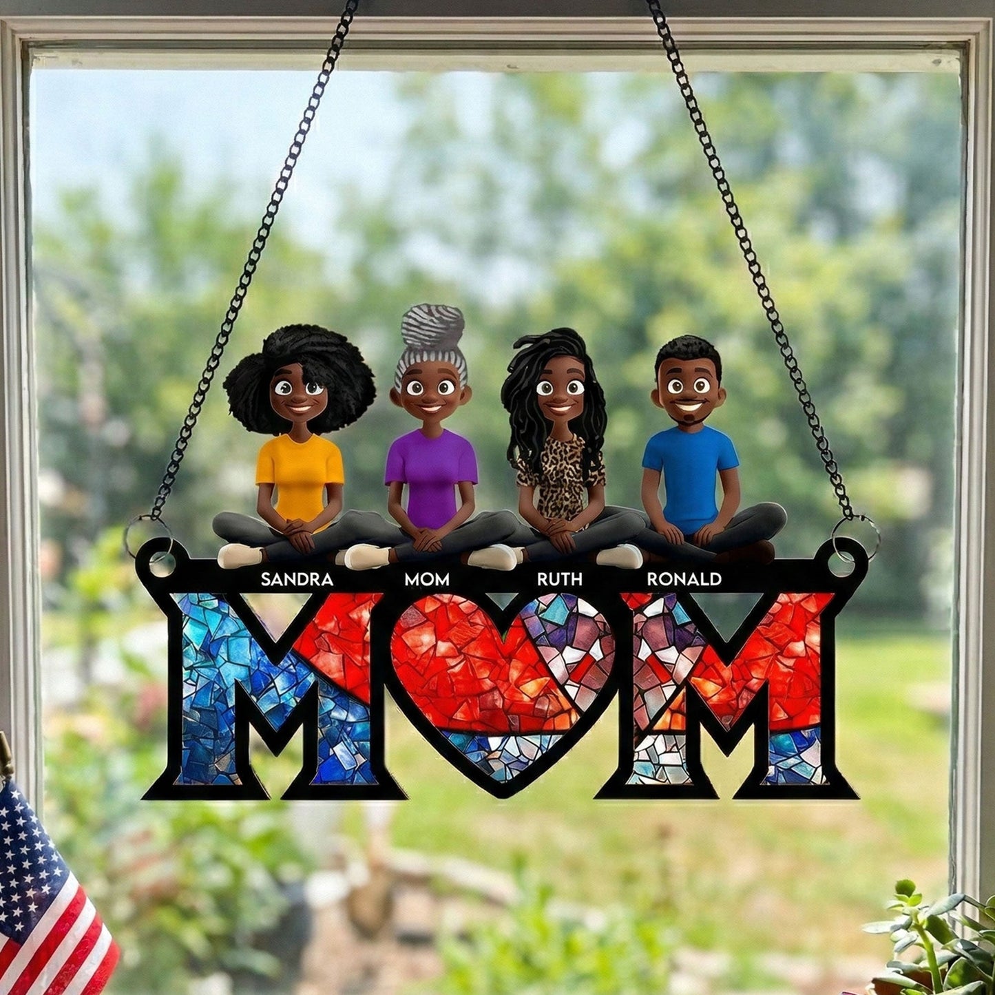 Mom We Love You USA Flag Pattern - Personalized Window Hanging Suncatcher