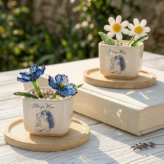 Mommy & Me Gift For Mom, Wife, Grandma Custom Glass Birth Flower - Personalized Plant Pot