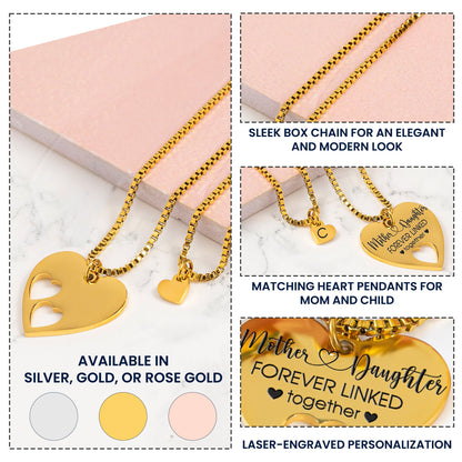 Mother & Daughter Forever Linked Together - Personalized Puzzle Heart Necklace Set