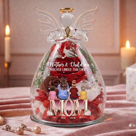 Mother & Children Forever Linked Together - Personalized Flower In Glass Angel Figurines