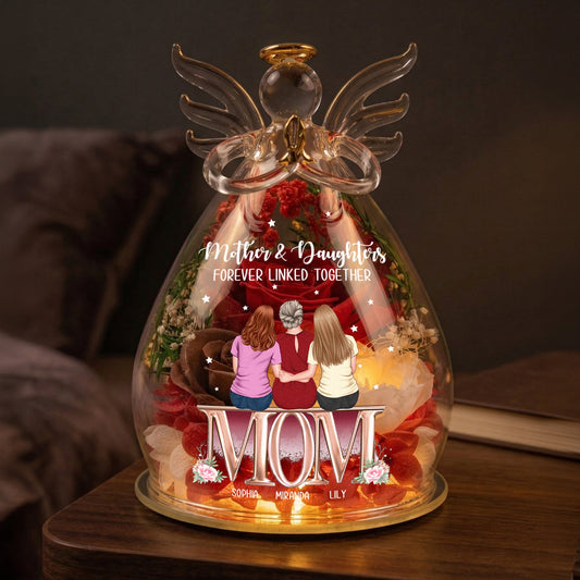 Mother & Daughters Forever Linked Together - Personalized Flower In Glass Angel Figurines