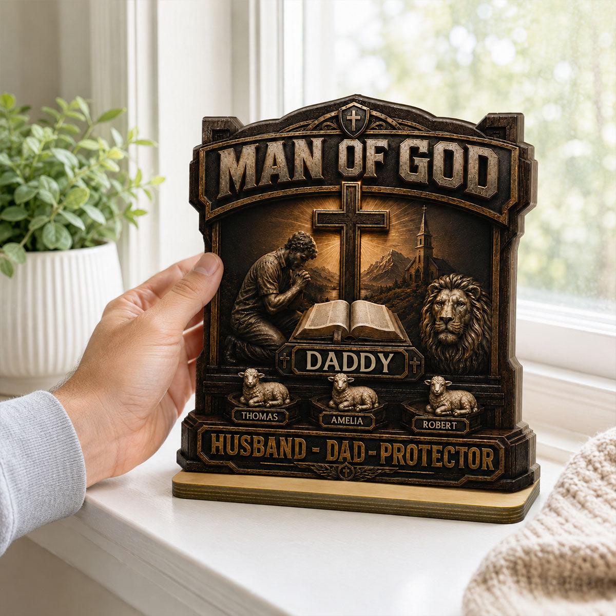 Man Of God - Personalized 2-Layered Wooden Plaque -  Gift For Dad, Husband, Grandpa, Christian Dad
