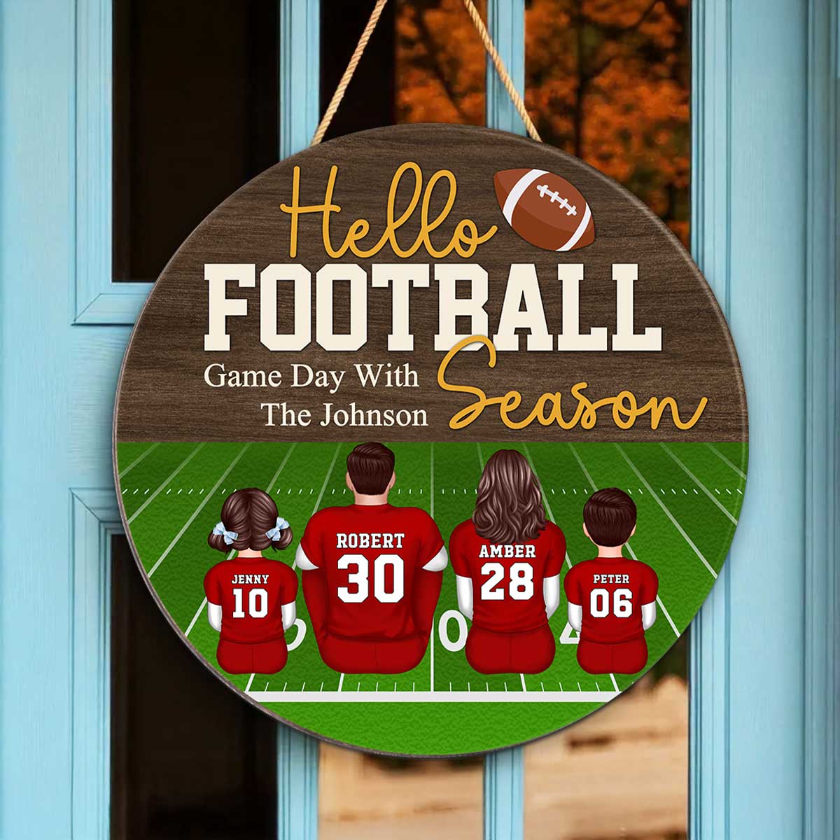 Hello Football Season Personalized Round Door Hanger, Family Fall Decor