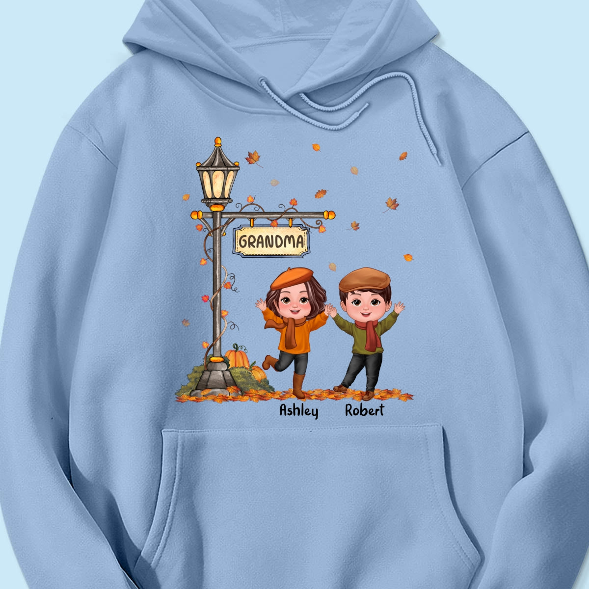 Fall Season Happy Doll Kids Under Lamp Post Personalized Shirt, Fall Season Gift For Grandma