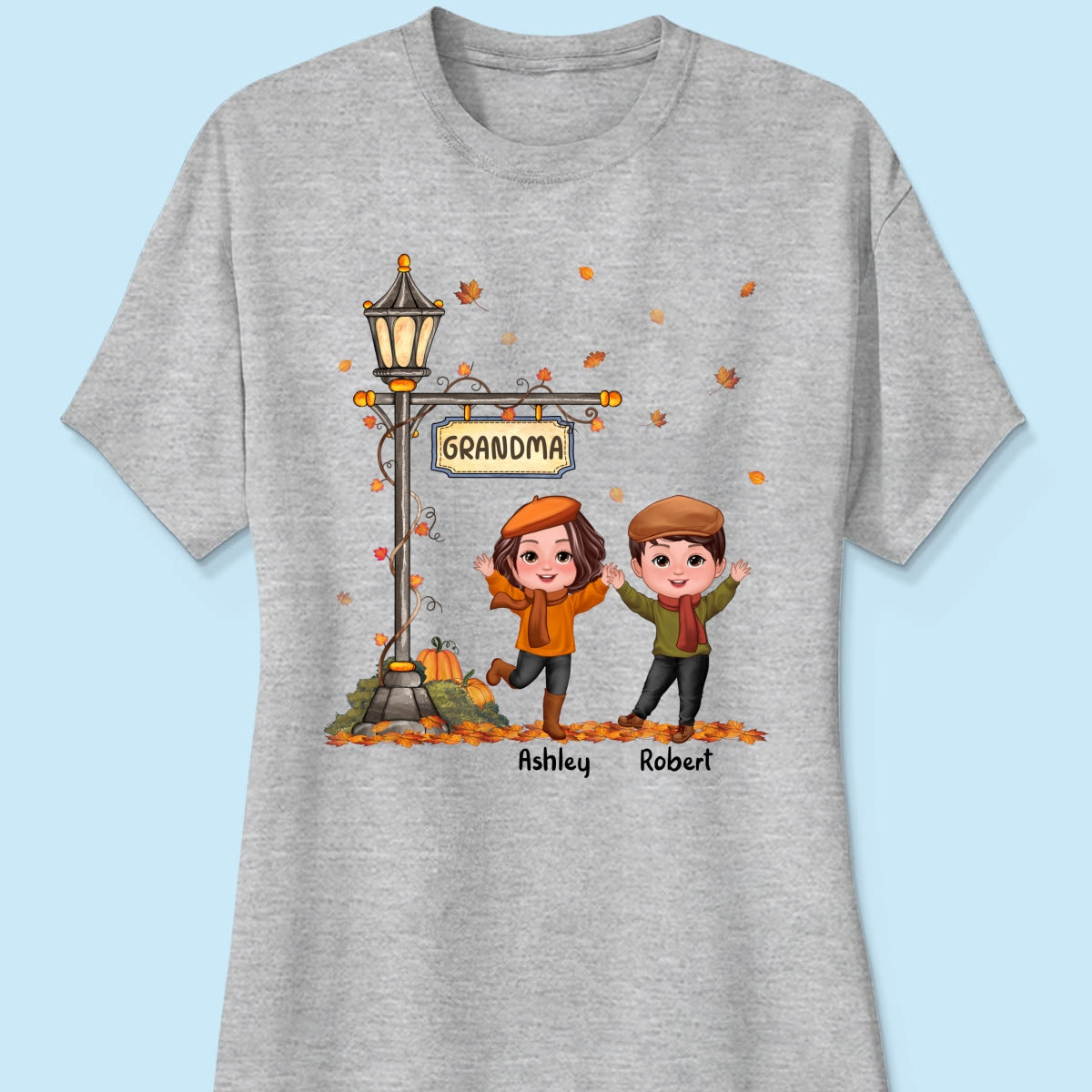 Fall Season Happy Doll Kids Under Lamp Post Personalized Shirt, Fall Season Gift For Grandma