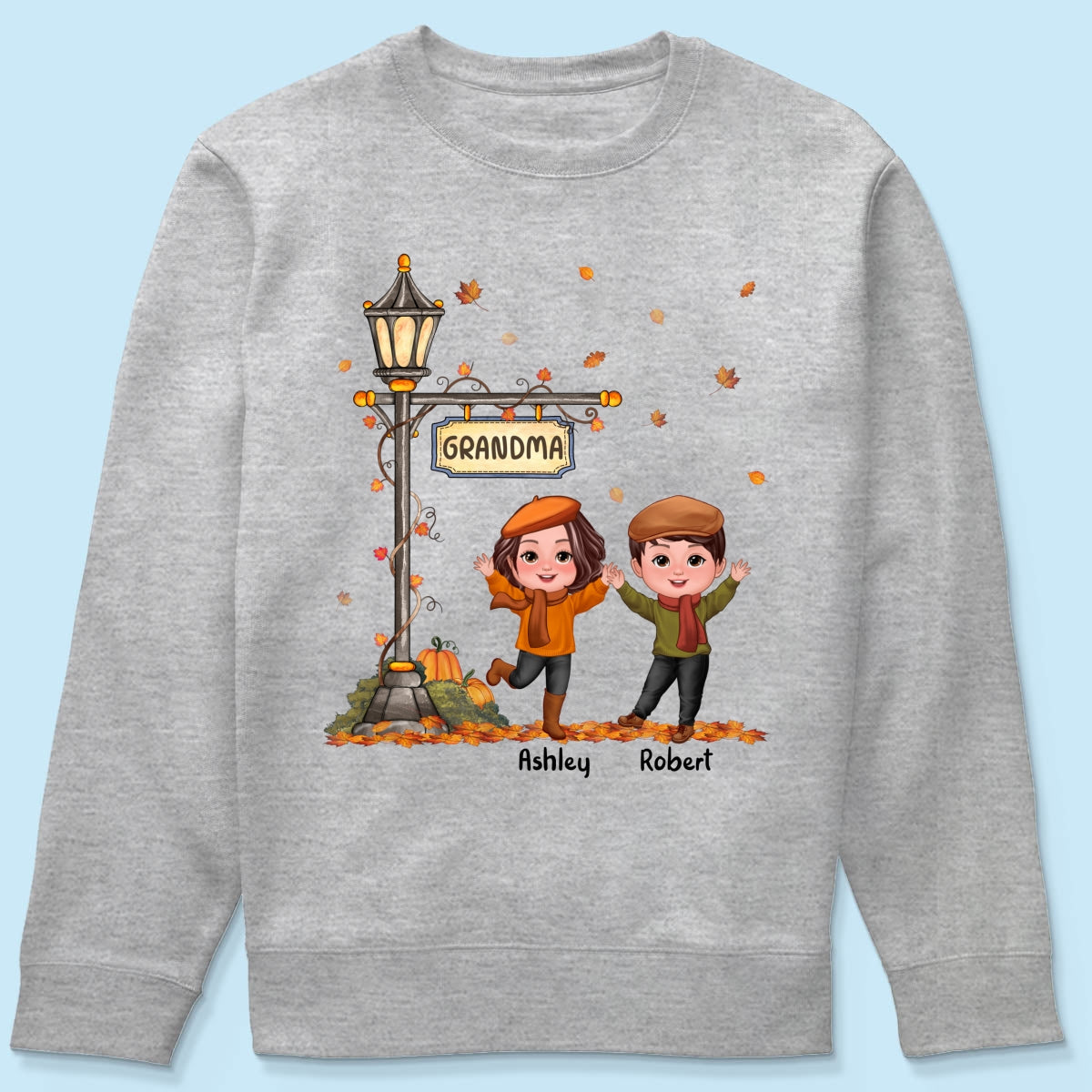 Fall Season Happy Doll Kids Under Lamp Post Personalized Shirt, Fall Season Gift For Grandma