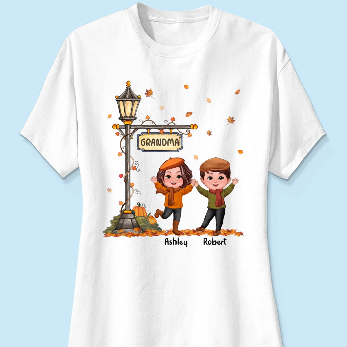 Fall Season Happy Doll Kids Under Lamp Post Personalized Shirt, Fall Season Gift For Grandma